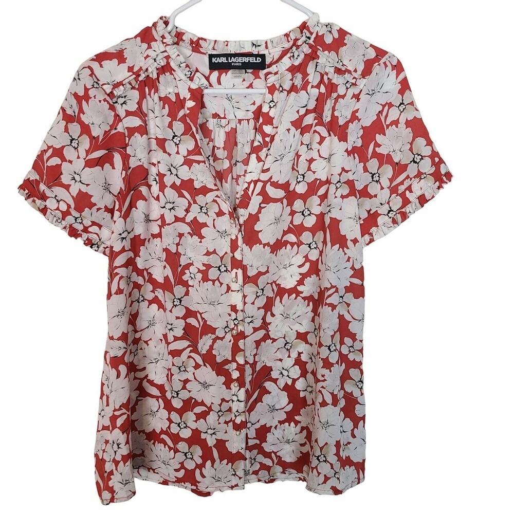 Karl Lagerfeld Womens Floral Button Top Sz M Designer Career Corp Wedding Guest